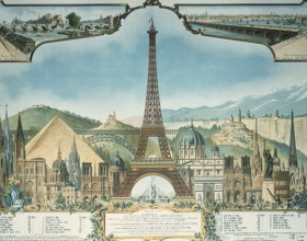 Grabado de la Torre Eiffel y otros edificios altos