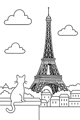 Dibujo para colorear Torre Eiffel Gato